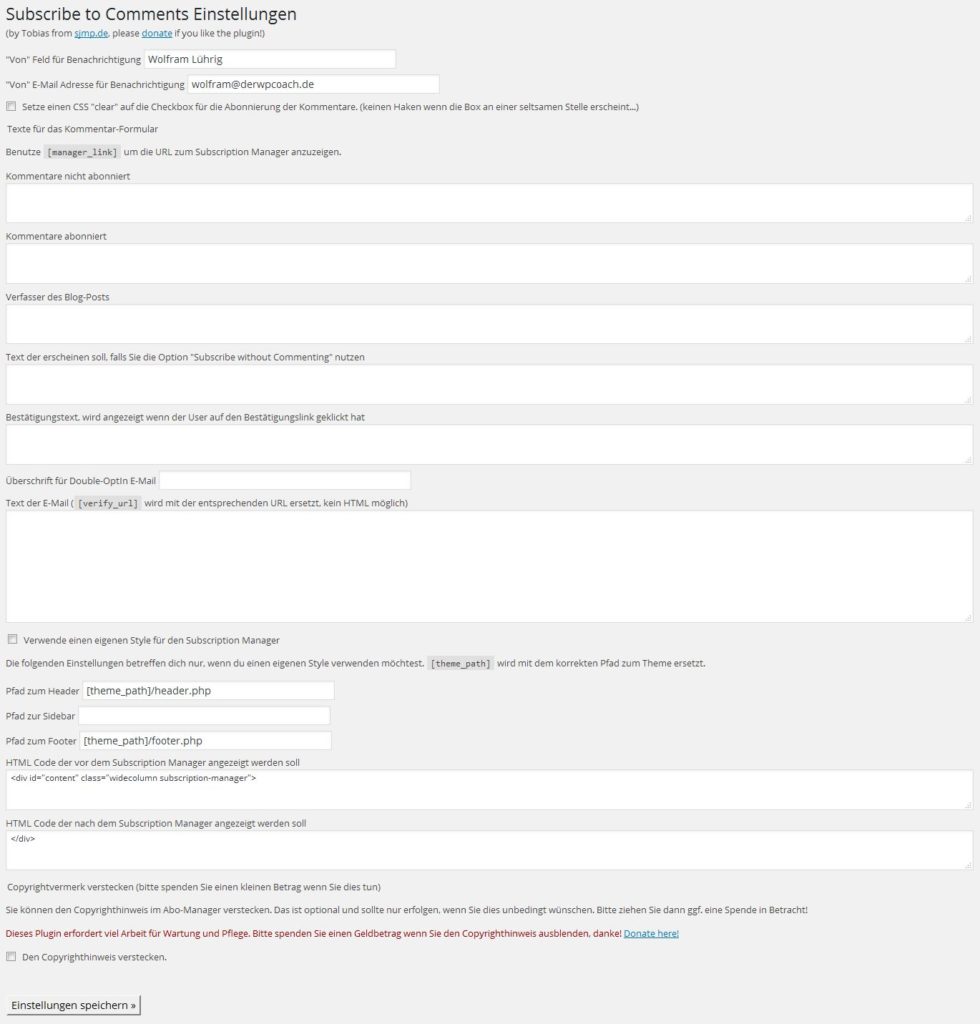 SubscribeToComments Einstellungen