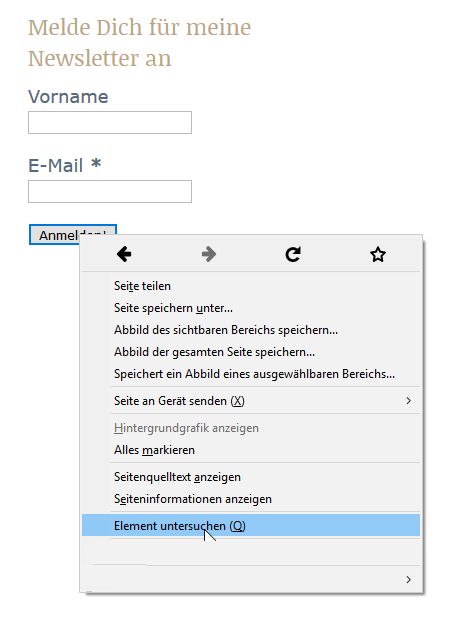 MailPoet Anmelde-Formular Sitebar "Element untersuchen"