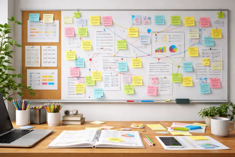 Gut organisierter Arbeitsplatz mit Notizen